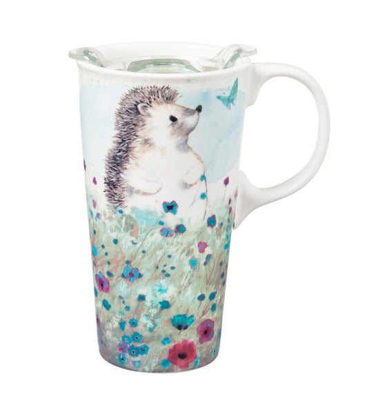 Ceramic Travel Cup, 17 OZ. ,w/box and Tritan Lid, Hedgehog in the meadow