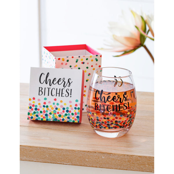 Wine glass - Stemless Wine Glass w/ Box, 17oz,, "Cheers Bitches"