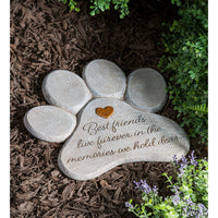 Memorial Garden Stone - 11inch Paw Shaped Pet Memorial Garden Stone, "Best Friends Live Forever"