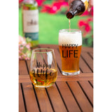 Wine glass - Stemless 17 OZ Wine Glass & Beer 16 OZ Cup Gift Set, "Happy Wife/Happy Life"