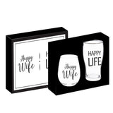 Wine glass - Stemless 17 OZ Wine Glass & Beer 16 OZ Cup Gift Set, "Happy Wife/Happy Life"