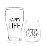 Wine glass - Stemless 17 OZ Wine Glass & Beer 16 OZ Cup Gift Set, "Happy Wife/Happy Life"