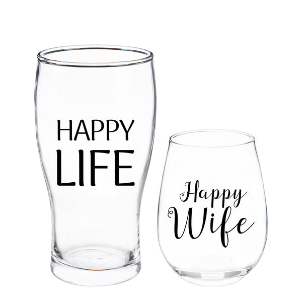 Wine glass - Stemless 17 OZ Wine Glass & Beer 16 OZ Cup Gift Set, "Happy Wife/Happy Life"